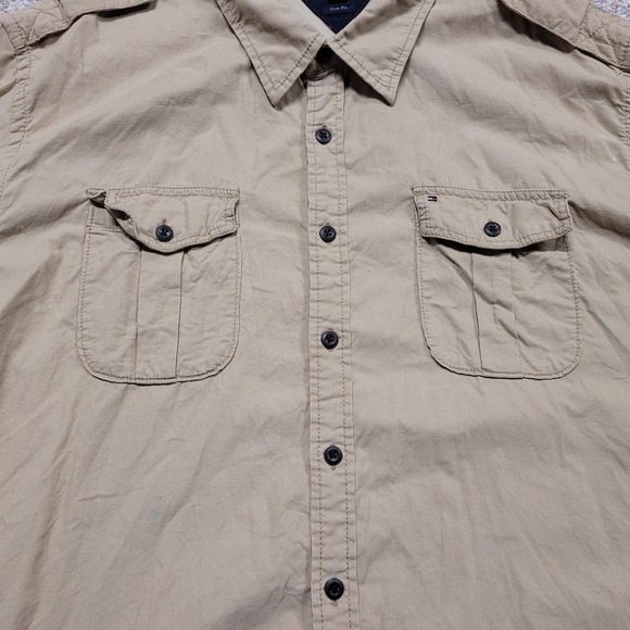 Tommy Hilfiger Shirt Mens 2XL Beige Corduroy Button Up Long Sleeve Safari Trim - Picture 3 of 15
